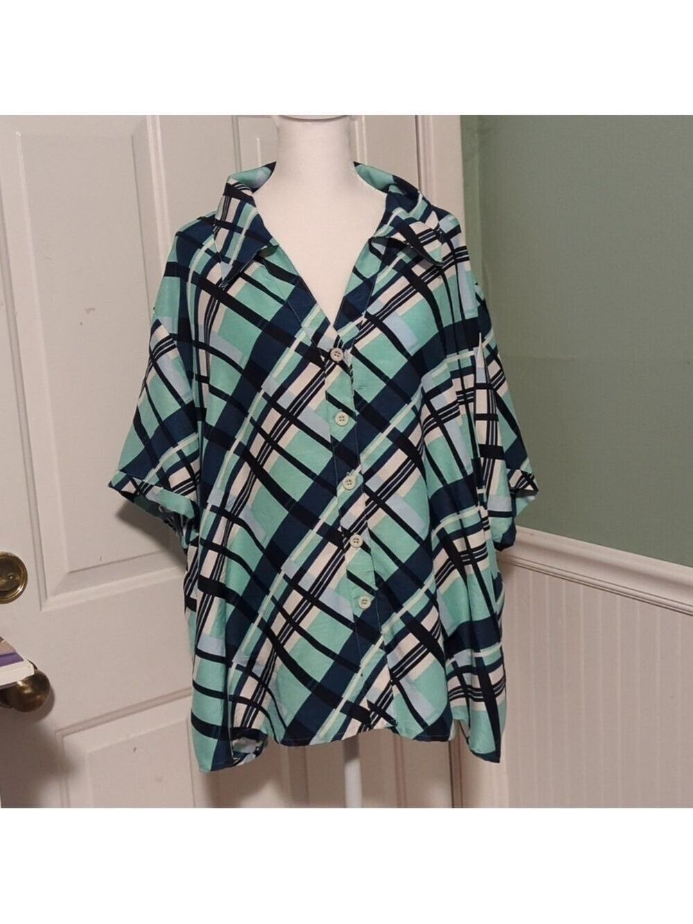 Plus Size Collared Shirt V Neck Button Down Shirt Sleeves Blues 3X Vacation